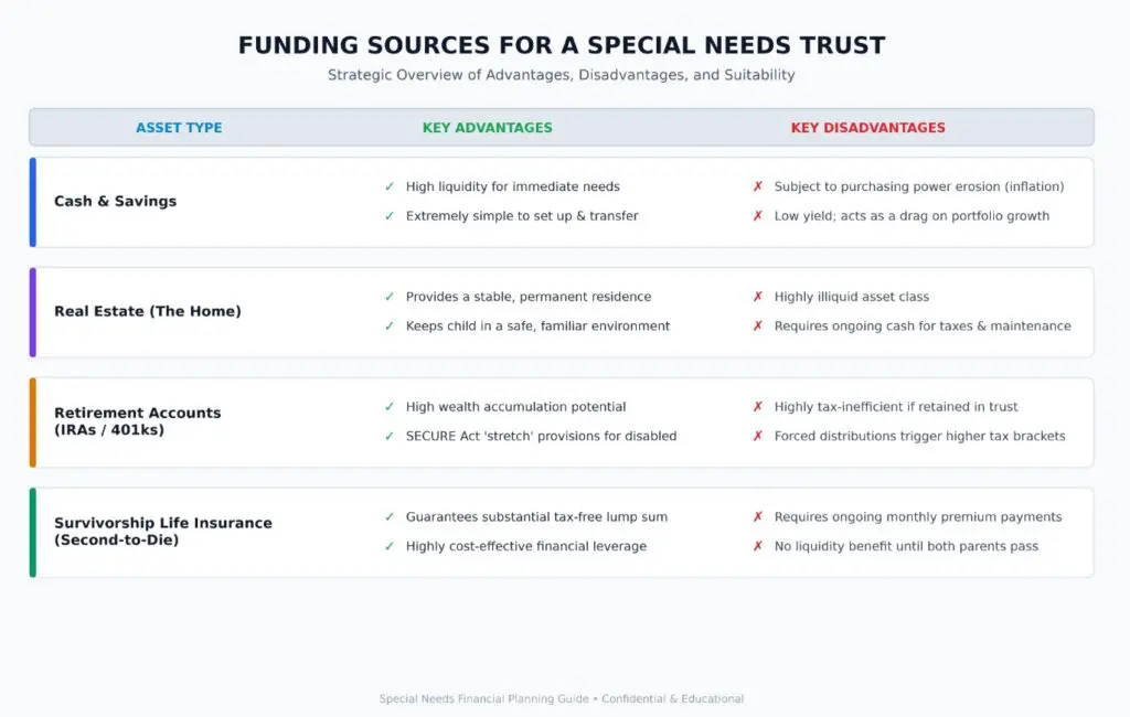 summary table for special needs trust potential funding sources. For example purposes only ad not meant to be all-inclusive.